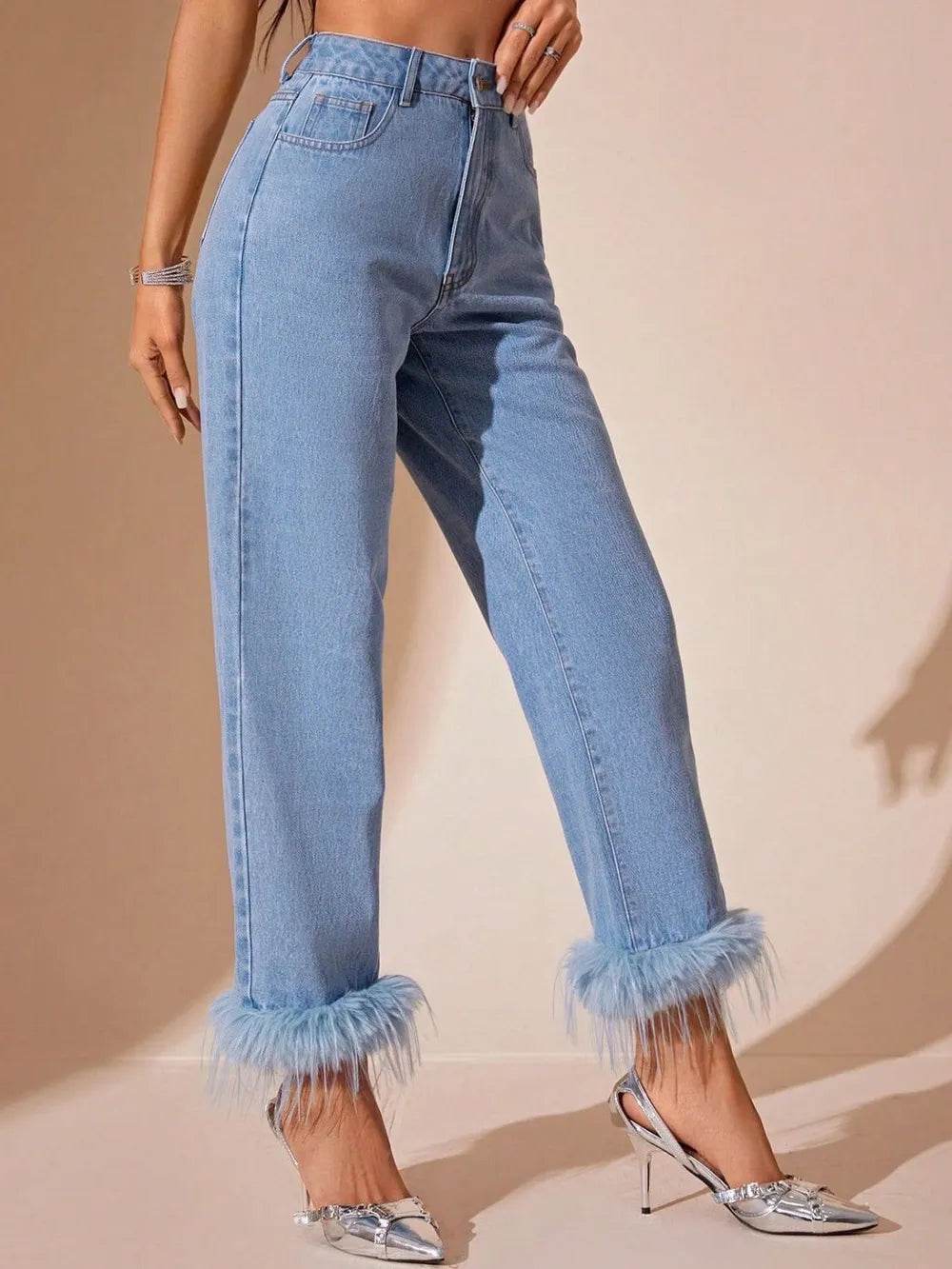 Plush Hem High Rise Straight Jeans Light Trendsi 7ccb9074-5c5c-47bd-8e01-36600f0d9698-Max