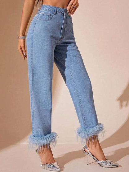 Plush Hem High Rise Straight Jeans Light Trendsi 7ccb9074-5c5c-47bd-8e01-36600f0d9698-Max