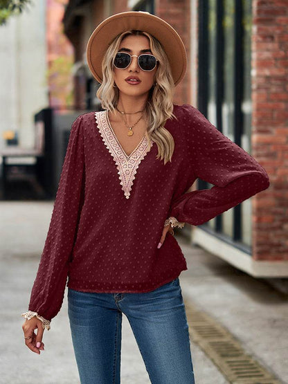 Swiss Dot V-Neck Long Sleeve Blouse Wine Trendsi 7cd1b8b707b94c62940be2d6b0e0ede8-Max