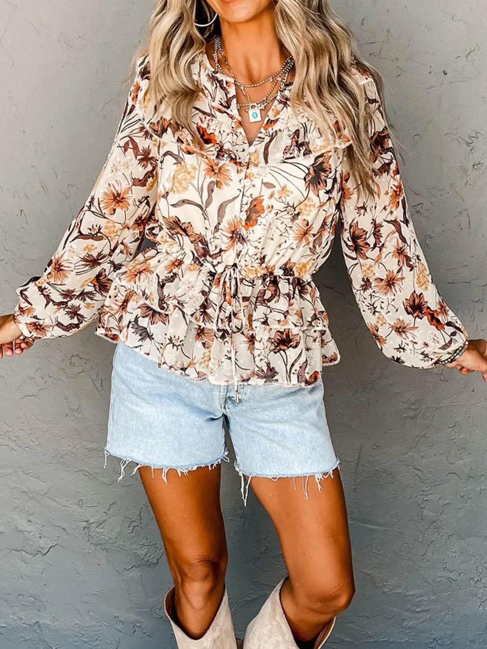 Drawstring Floral Lantern Sleeve Blouse Multicolor Trendsi 7cd49879e9ac412b9da7c4c63f8b5572-Max