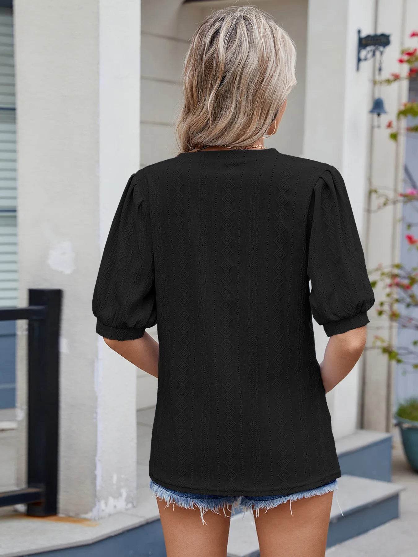 Eyelet V-Neck Puff Sleeve Casual Top Trendsi 7ce30a6c35064b2db1286085bcc33541-Max-Origin