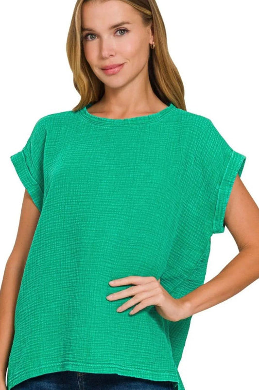 Zenana Woven Double Gauze Acid Washed Short Sleeve Top K GREEN Trendsi 7ce83e7e-d181-40ea-9032-e99dda4f0ce4-Max-Origin