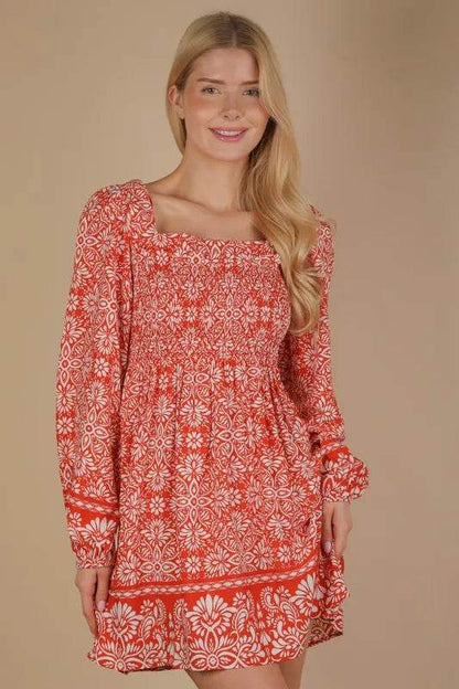 VERY J Printed Smocked Chest Boho Mini Dress Rust Trendsi 7d08a3340f3349a3b3b21707948c00b9-Max-Origin