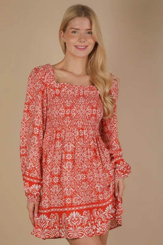 VERY J Printed Smocked Chest Boho Mini Dress Rust Trendsi 7d08a3340f3349a3b3b21707948c00b9-Max-Origin