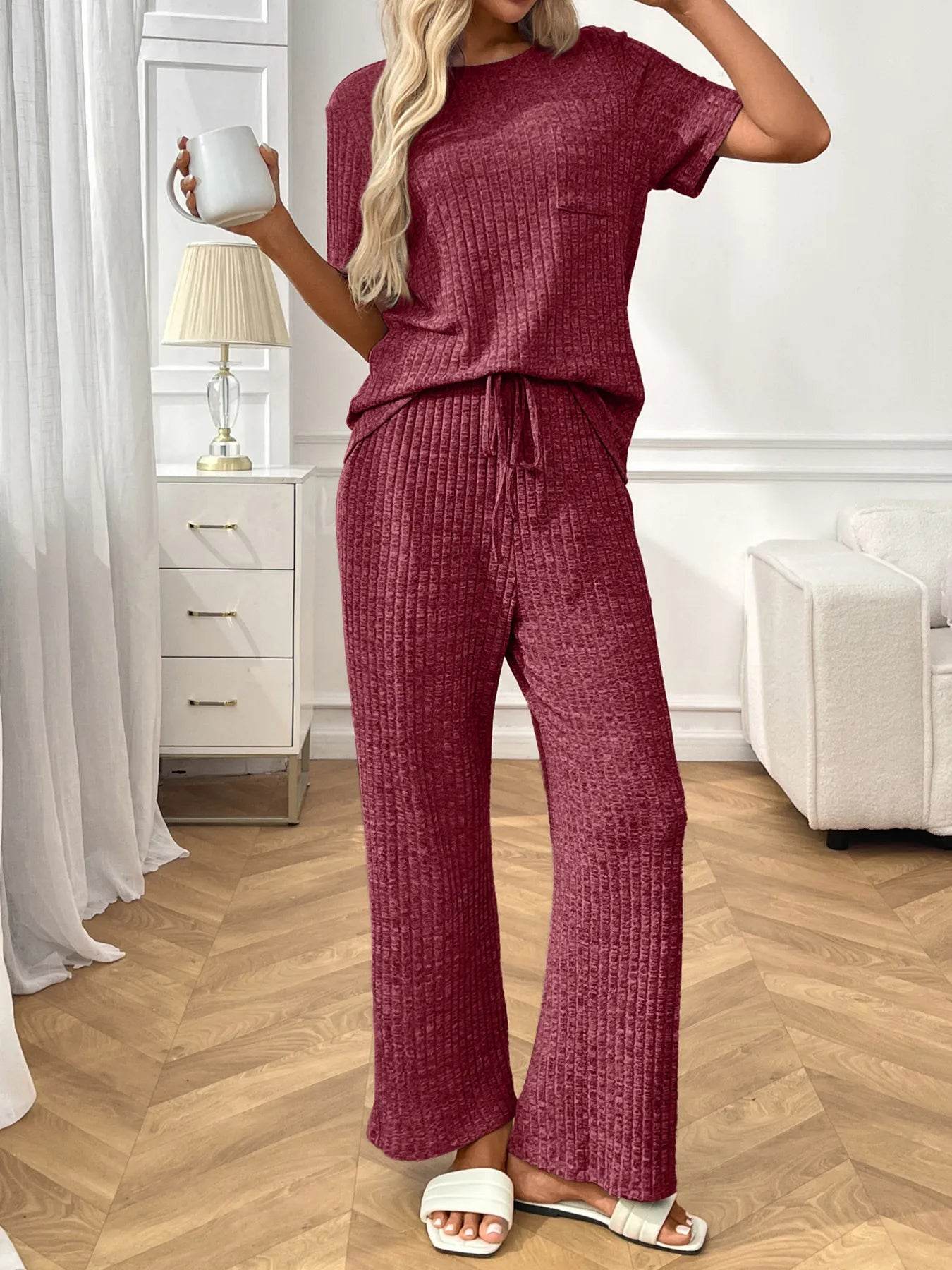 Ribbed Knit Short Sleeve Top and Pants Lounge Set Trendsi 7d1b45155fa74426afe7146496130cce-Max-Origin