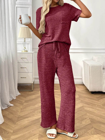 Ribbed Knit Short Sleeve Top and Pants Lounge Set Trendsi 7d1b45155fa74426afe7146496130cce-Max-Origin