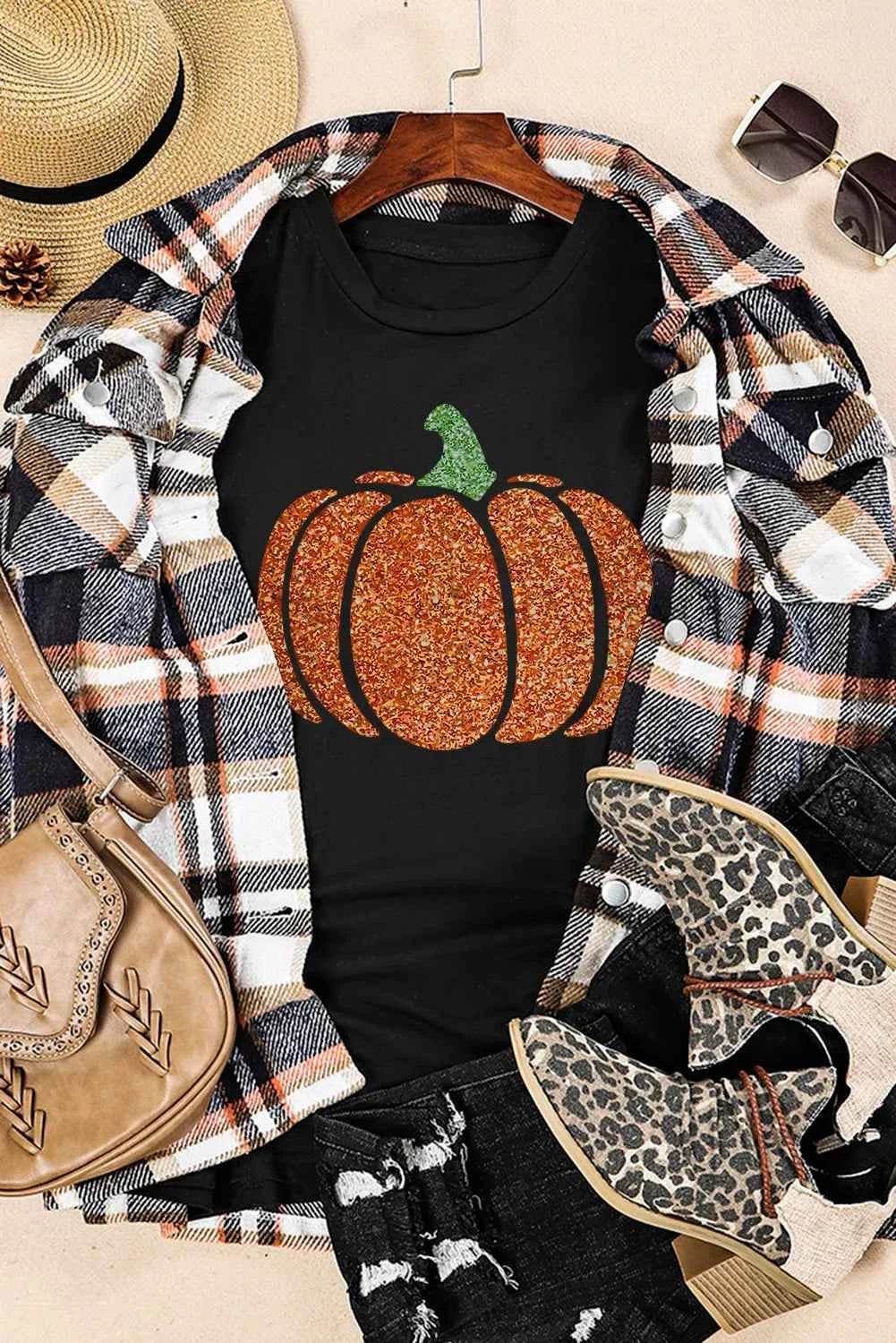 Glitter Pumpkin Round Neck Short Sleeve T-Shirt Trendsi 7d4d4c1d-6ba2-4566-a28b-f381f648cb4b-Max