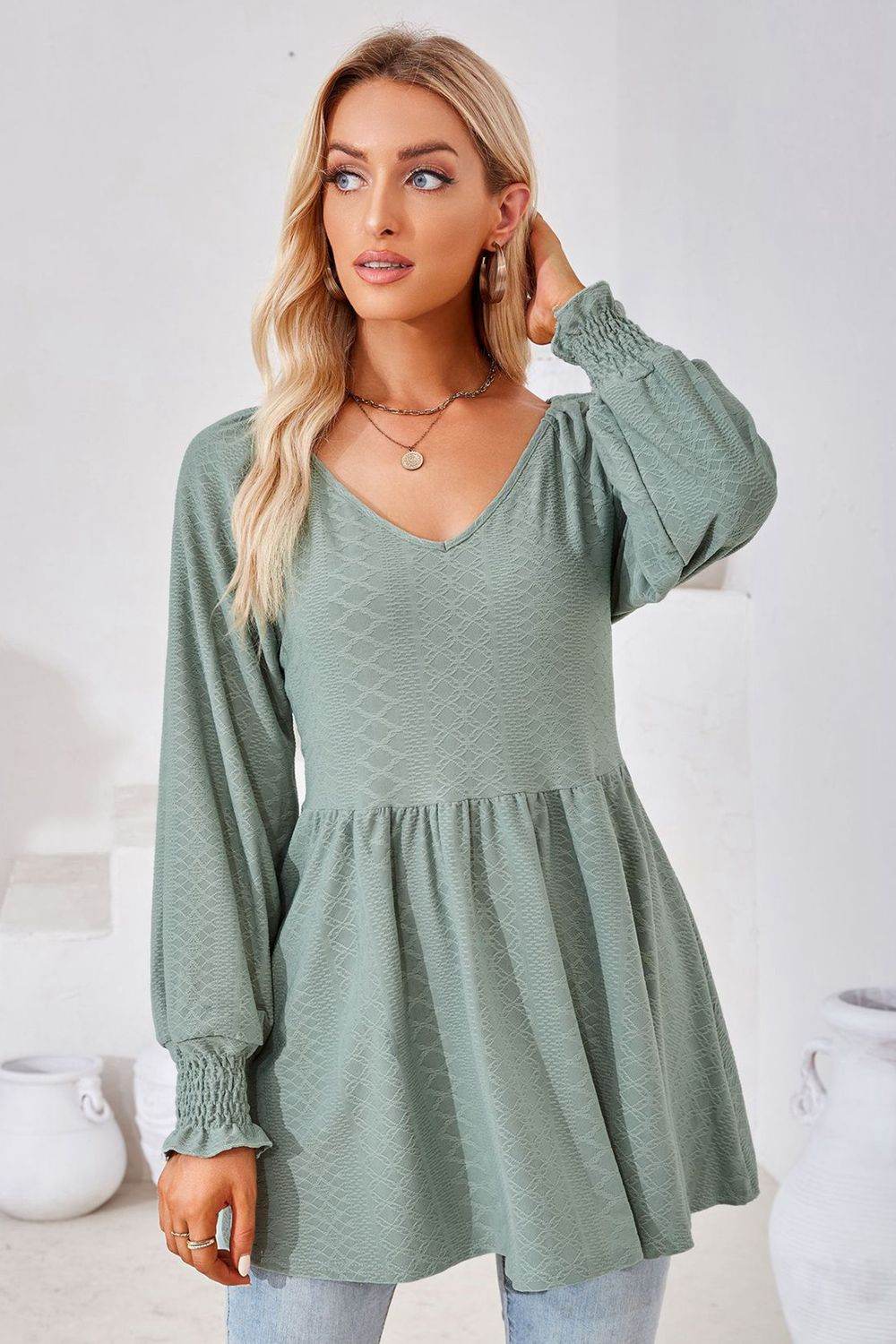 V-Neck Lantern Sleeve Blouse Trendsi 7d99fc9333b94042be9674e42cd98f79-Max