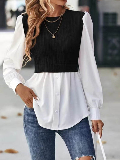 Contrast Round Neck Puff Sleeve Blouse Black Trendsi 7db09493e98f438aa13f6437157747c6-Max
