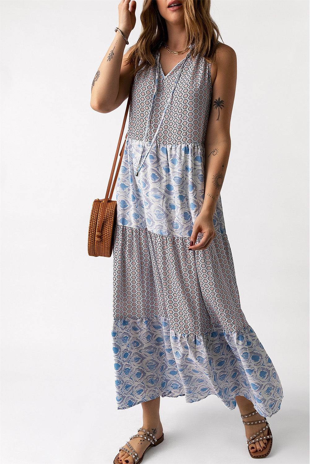 Mixed Print Tie-Neck Sleeveless Maxi Dress Trendsi 7dd8913803664fa3a5efb1cdddc1cd6d-Max