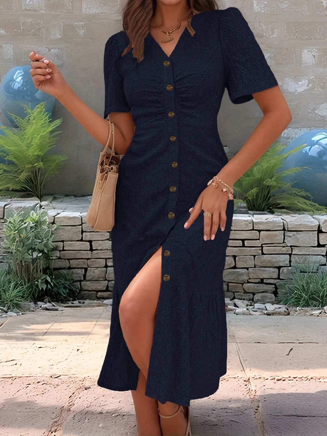 Eyelet Button Front V-Neck Midi Dress Trendsi 7de426ba-08c6-4885-a8f0-bda269f1bdcd-Max-Origin