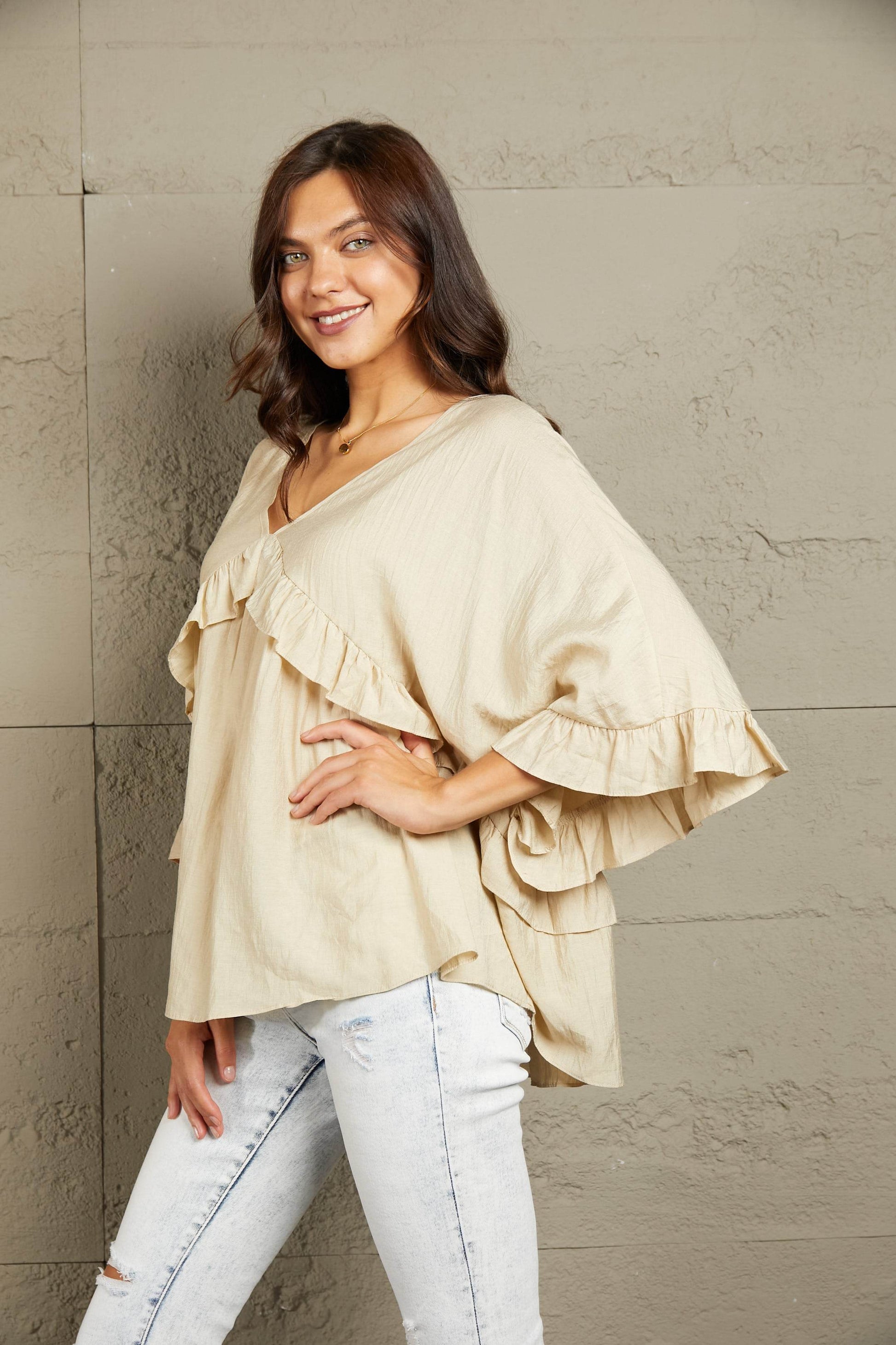 Ruffled V-Neck Half Sleeve Blouse Trendsi 7e17641254d24997a4dfccdd9228bad9-Max