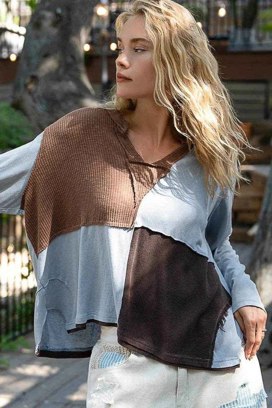 POL Color Block Notched Long Sleeve T-Shirt Trendsi 7e3135f5-3760-497e-8880-cad10c4a60c3-Max-Origin