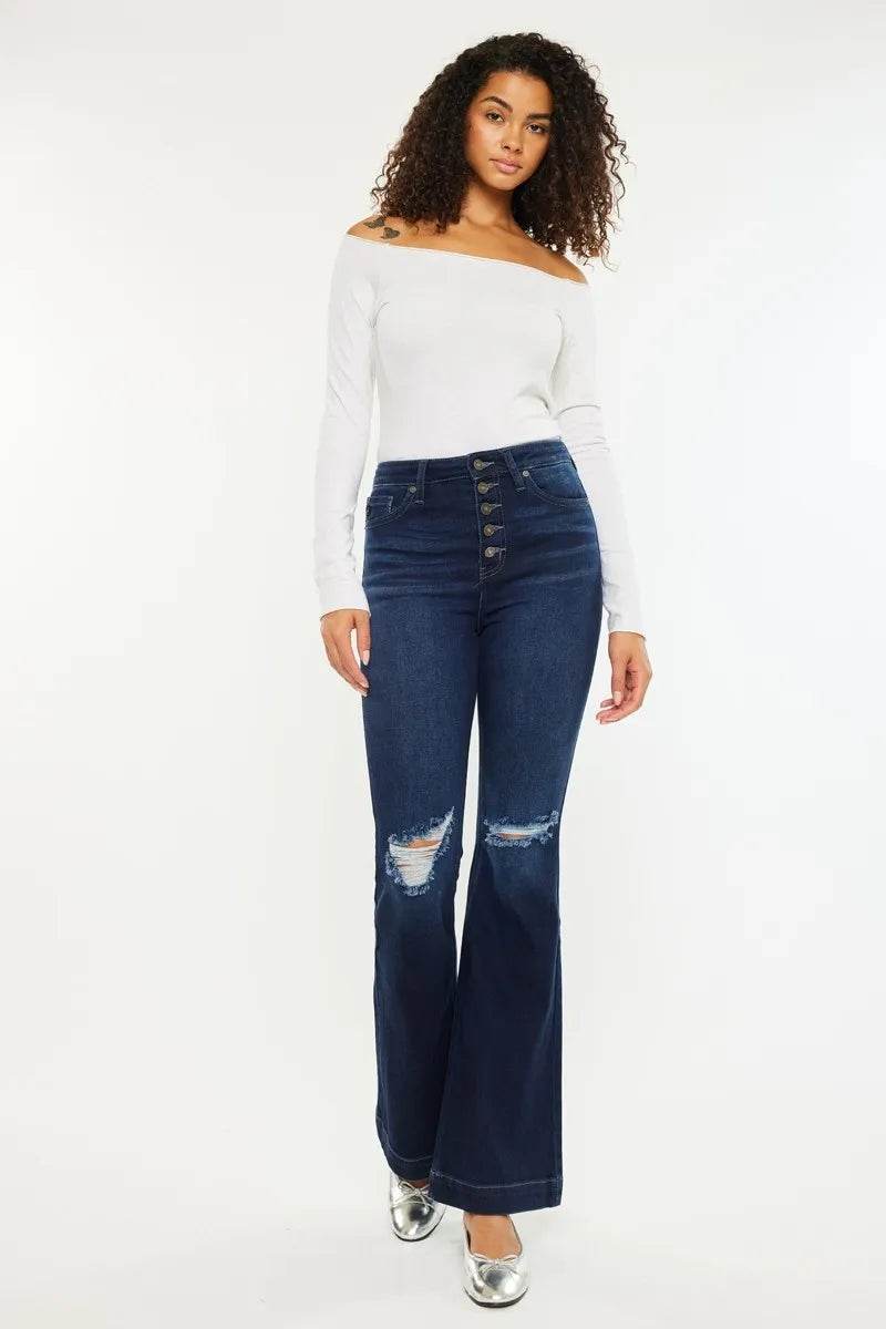 Kancan Button Fly High Rise Distressed Flare Jeans DARK Trendsi 7e36080b9c7146cab212f8adf3ae1076-Max-Origin
