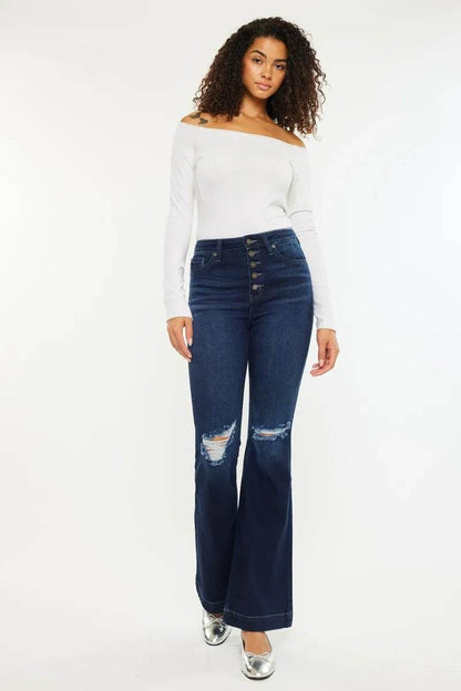Kancan Button Fly High Rise Distressed Flare Jeans DARK Trendsi 7e36080b9c7146cab212f8adf3ae1076-Max-Origin