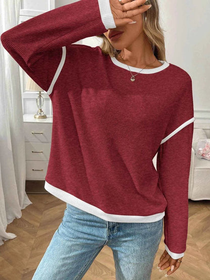 Ribbed Contrast Trim Long Sleeve Top Trendsi 7e3a9515-dbbb-4746-be88-43606073378b-Max-Origin