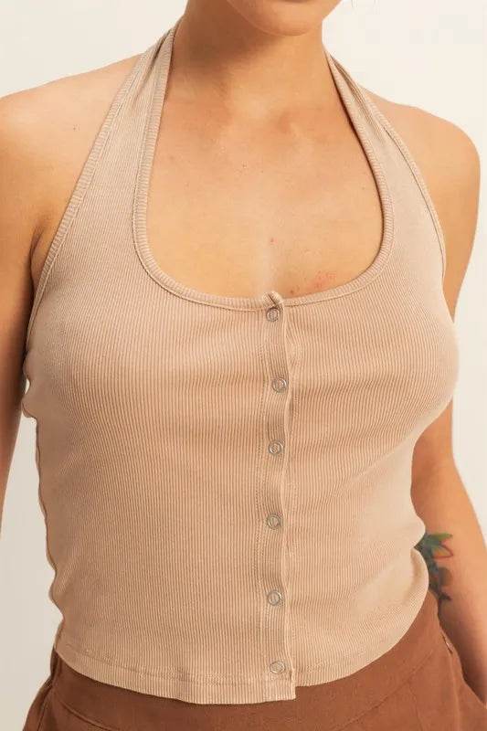 HYFVE Halter Neck Buttoned Washed Top Trendsi 7e42a09940b14d5d9483a11e95433f7c-Max-Origin