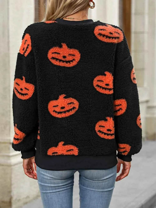 Fuzzy Pumpkin Round Neck Dropped Shoulder Sweater Trendsi 7e79228f-da25-491d-b63d-af1146b6837d-Max