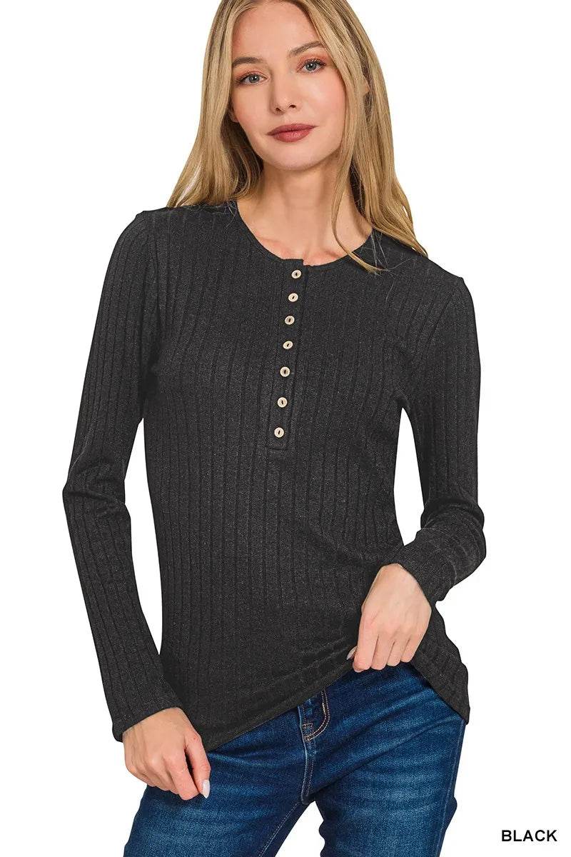 Zenana Ribbed Long Sleeve Half Button Top BLACK Trendsi 7eb13a4fd27a4263b66aedd69f1a8285-Max-Origin