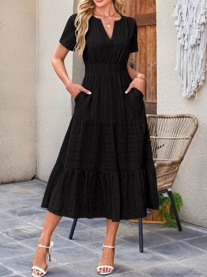 Tiered Notched Short Sleeve Dress Black Trendsi 7eba9305-0407-48c0-aeac-1d081398832d-Max-Origin
