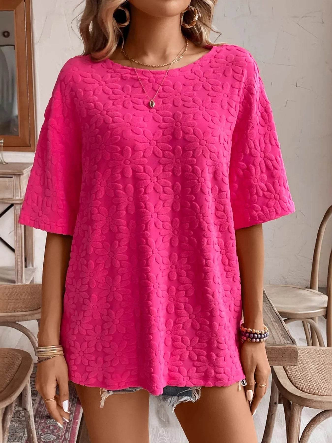 Textured Round Neck Oversized T-Shirt Fuchsia Pink Trendsi 7f051823cfe747958e87a8fa0741d382-Max-Origin
