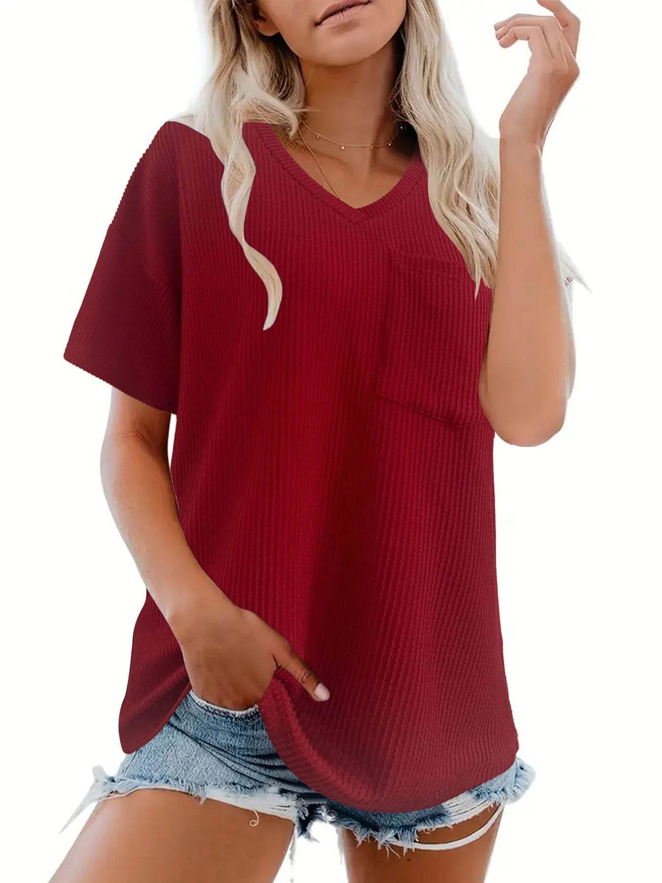 Ribbed V-Neck Oversized T-Shirt Trendsi 7f3974acf25e45fe8afc0fcc026ed1c0-Max-Origin