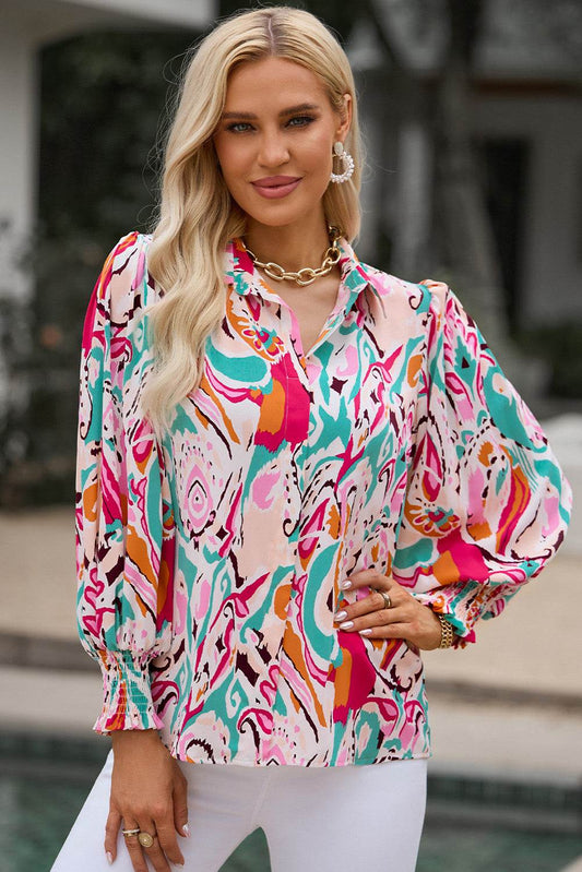 Printed Puff Sleeve Collared Blouse Hot Pink Trendsi 7f4b56aeb5654c67ae295554d6391de6-Max
