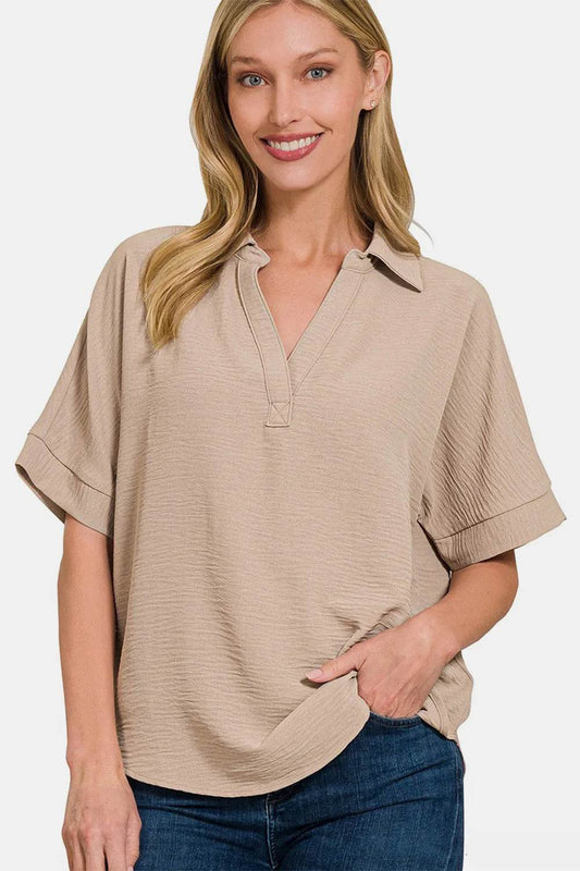 Zenana Texture Collared Neck Short Sleeve Top Ash Mocha Trendsi 7f6ac3be-cddc-4534-a7d8-6cb88b3a79a5-Max