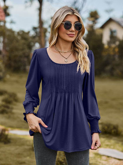 Puff Sleeve Pleated Blouse Navy Trendsi 7f73b1a212b8430e8775675c2fbde0a8-Max