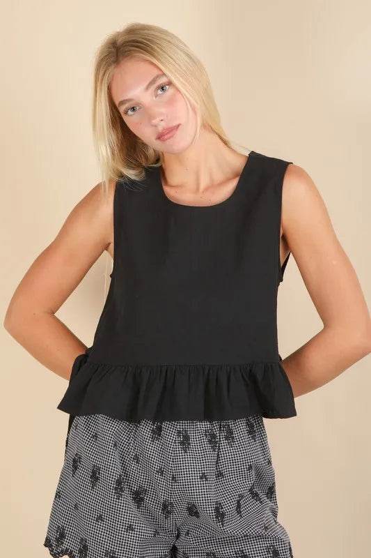 VERY J Side Tie Detail Ruffled Sleeveless Top Black Trendsi 7fb593bff71440b18ff138f0bd32b7f1-Max-Origin