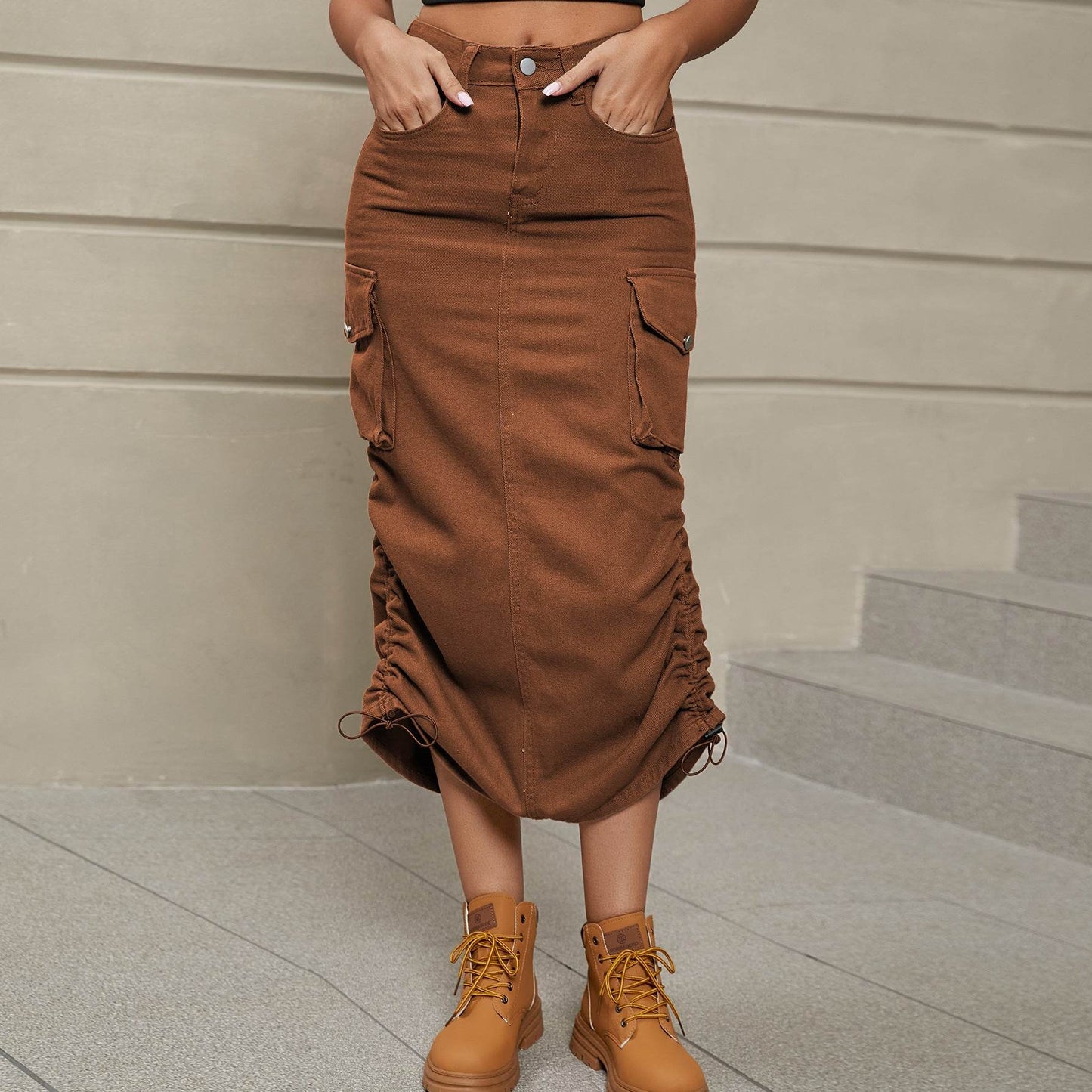Drawstring Ruched Slit Denim Midi Skirt Chestnut Trendsi 7fd8454b020d4b9d90cee08751f7e1c6-Max