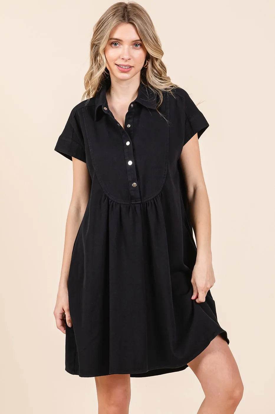 Mittoshop Twill Short Sleeve Collared Mini Dress BLACK Trendsi 801868a07a444294b511df744199449b-Max-Origin