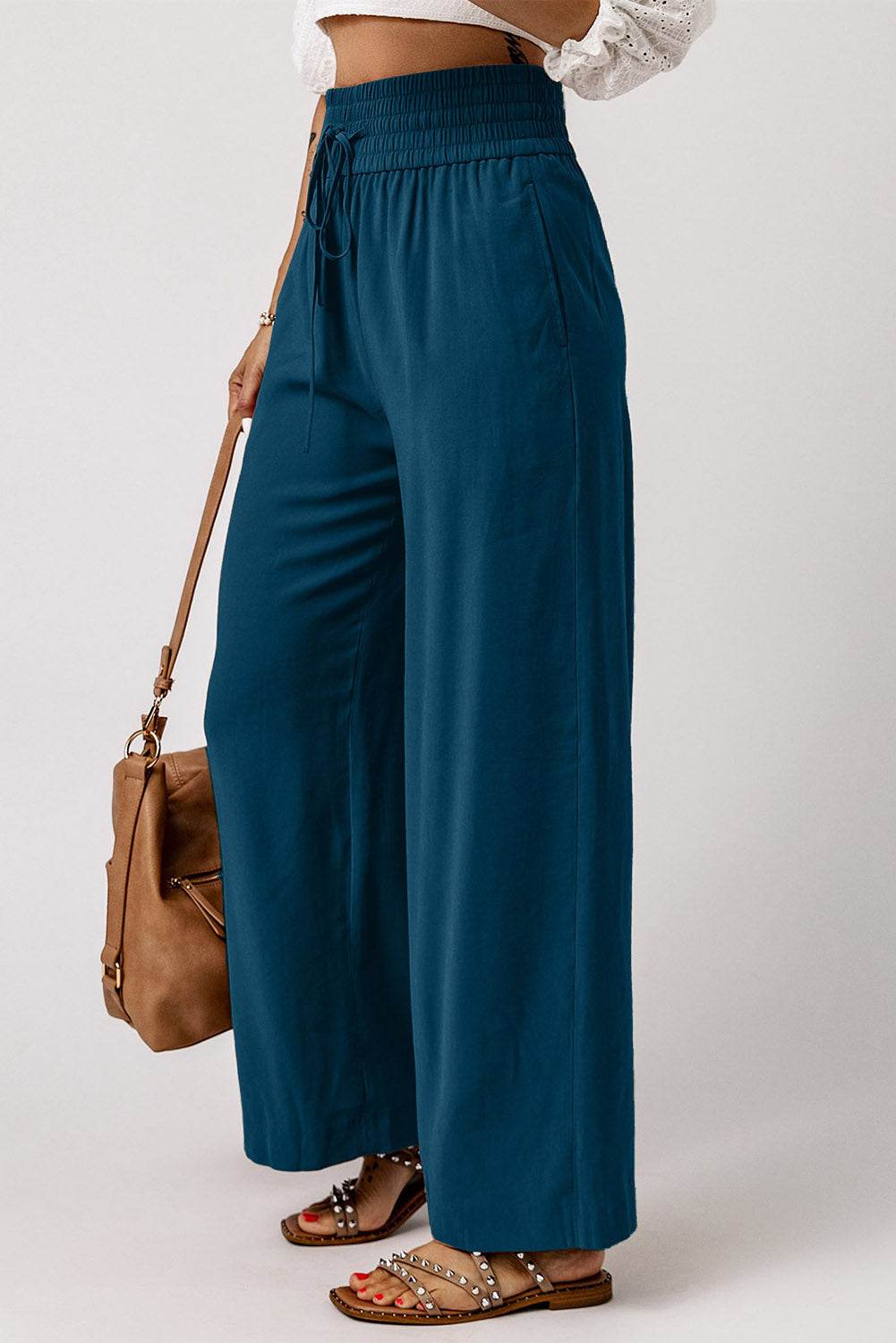 Drawstring Smocked Waist Wide Leg Pants Trendsi 801949727cdc4fe2a9193916200188cf-Max
