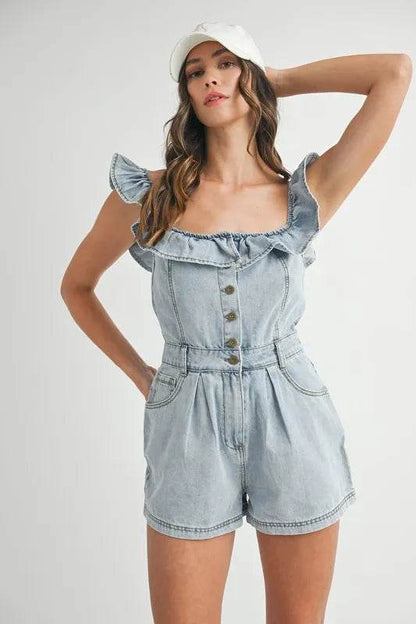 MABLE Off Shoulder Ruffle Detail Denim Romper Trendsi 802eddafae30461ab6b12d04d9e5868f-Max-Origin