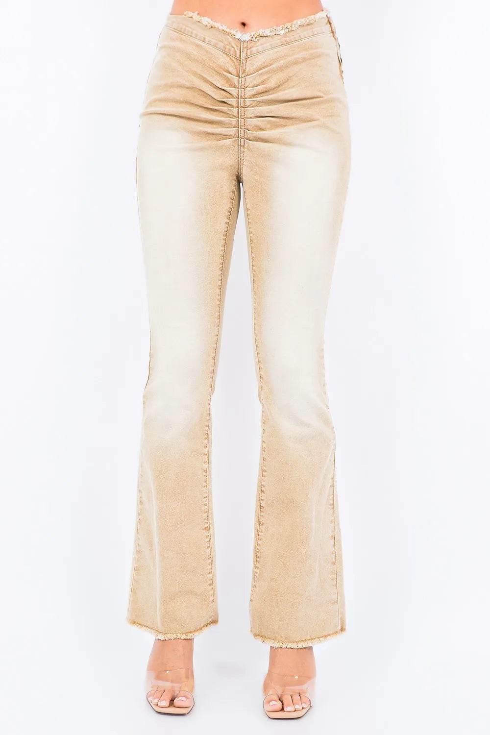 American Bazi V-Cut Ruched Flare Pants Tan Trendsi 804655ca-acc9-4dd3-8f7d-69be3a810ba3-Max