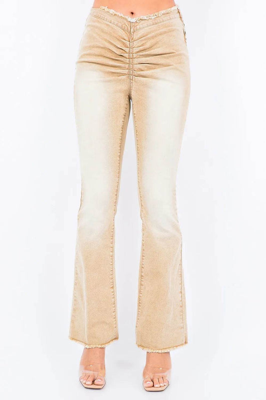 American Bazi V-Cut Ruched Flare Pants Tan Trendsi 804655ca-acc9-4dd3-8f7d-69be3a810ba3-Max