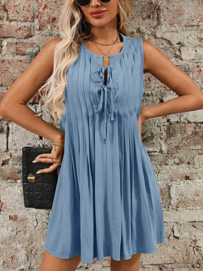 Tied Front Pleated Sleeveless Mini Dress Trendsi 804fd043-d665-41a4-9658-fdc03557360e-Max