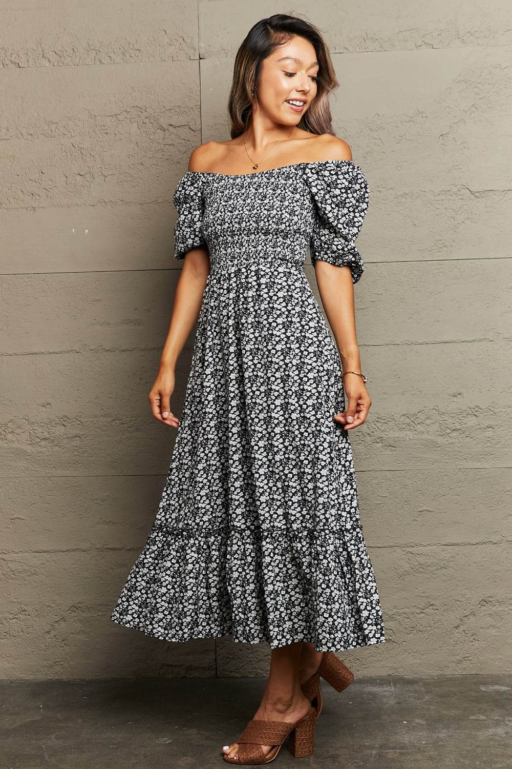 Perfee Floral Lace-Up Off-Shoulder Midi Dress Trendsi 805087720e54484384dfb9b3956d4252-Max