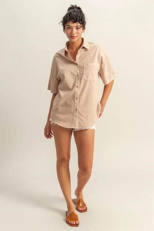 HYFVE Short Sleeve Button Down Oversized Shirt DARK TAUPE Trendsi 80531c1f074c44bcab6ac5589b05b30a-Max-Origin
