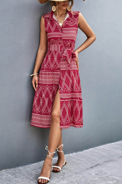 Printed Button Front Tie-Waist Sleeveless Collared Dress Trendsi 806bbe6ec3bd40d9bd1762c32e236b47-Max