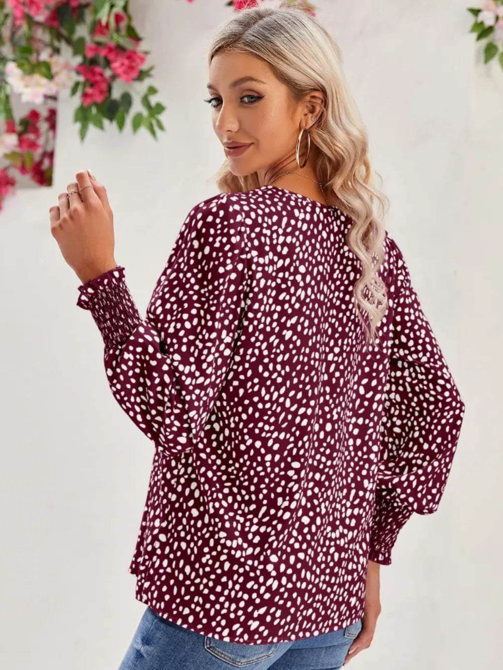 Printed V-Neck Lantern Sleeve Blouse Trendsi 8073b81eb8264542a33e52e89a77d1fe-Max