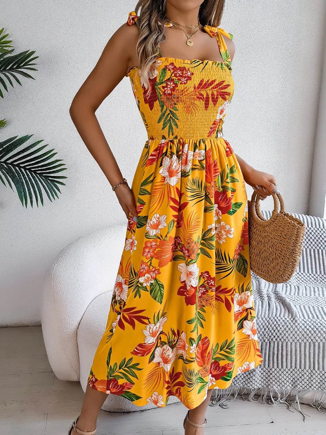 Smocked Floral Tie Shoulder Midi Dress Trendsi 807ea619-7939-4a41-84ec-f92aba958bca-Max-Origin