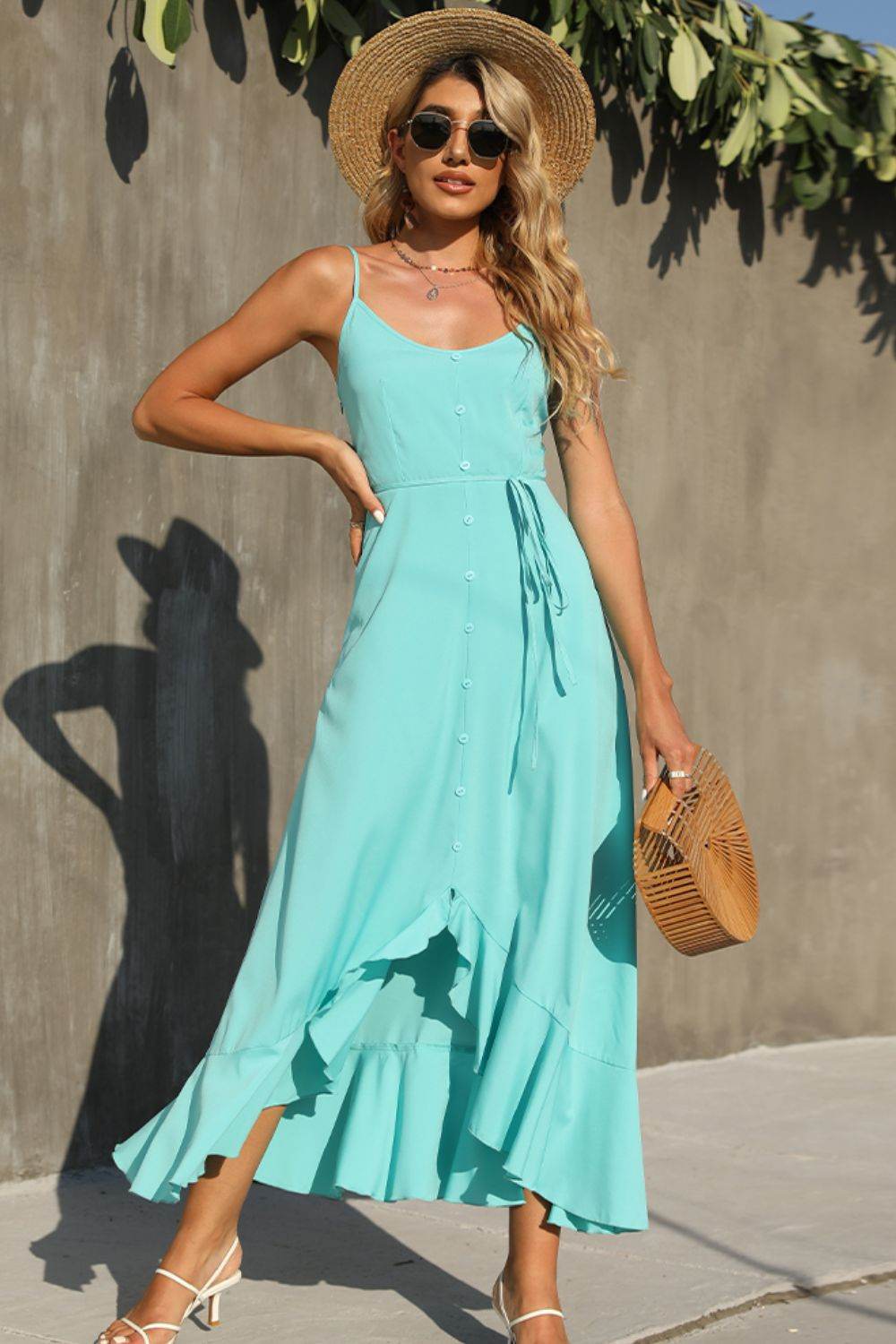 Shiny Decorative Button Spaghetti Strap Ruffle Hem Dress Trendsi 808166e76eae42088f30b8ce69d5eb62-Max