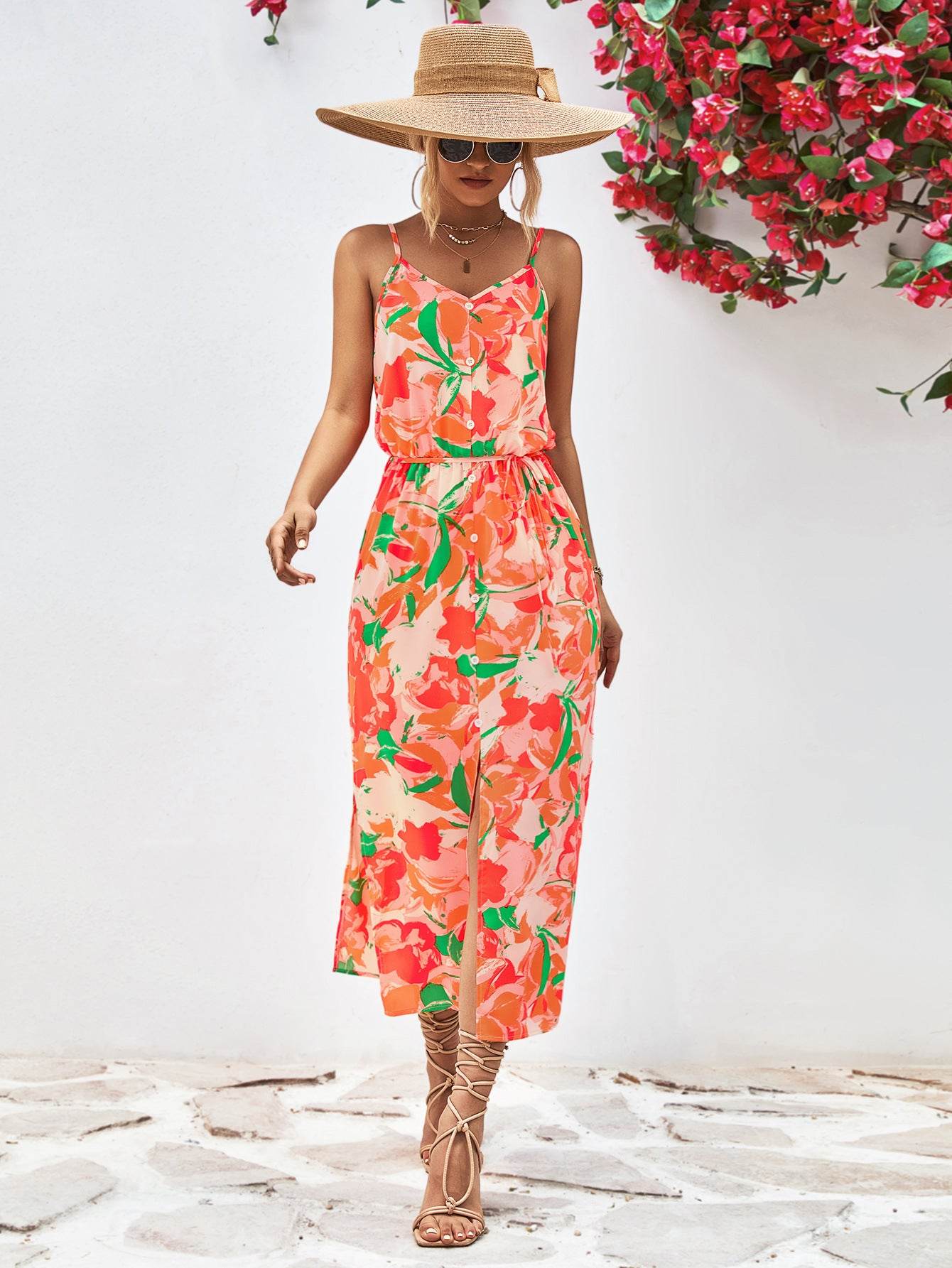 Printed Spaghetti Strap Front Slit Dress Orange Trendsi 809826ae2e194575a4c0a4c5001f2bda-Max