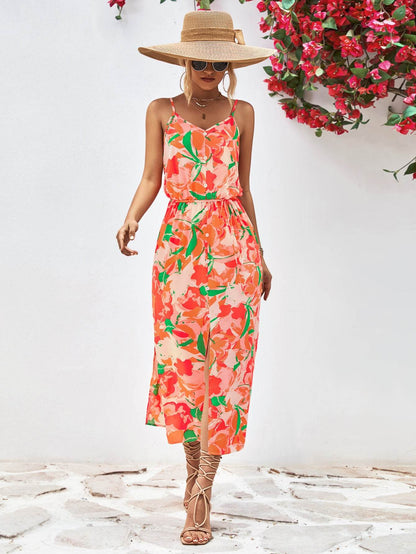 Printed Spaghetti Strap Front Slit Dress Orange Trendsi 809826ae2e194575a4c0a4c5001f2bda-Max