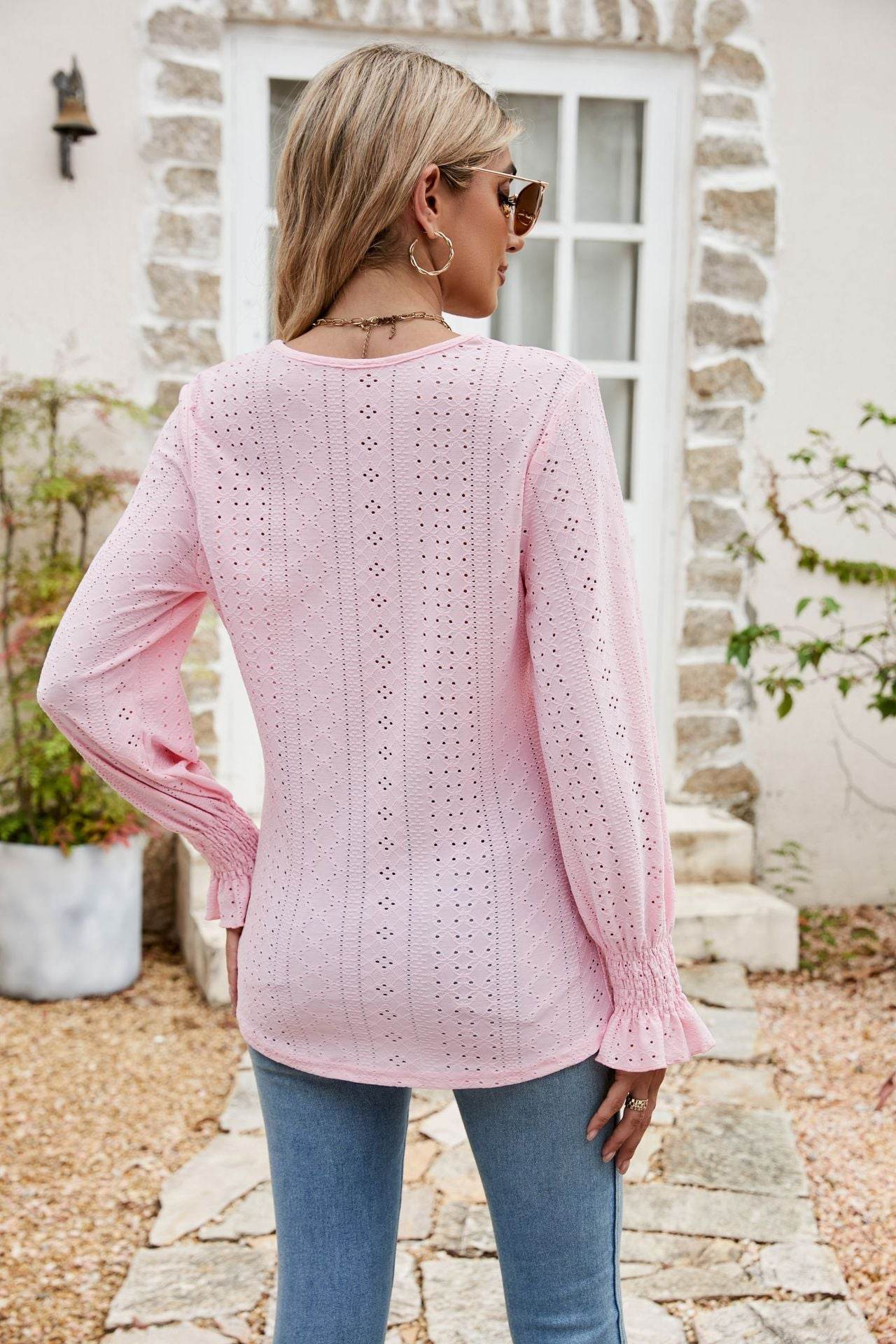 Eyelet Flounce Sleeve V-Neck Blouse Trendsi 80acbc28ecd24c8c9aa4dc7d4ec79d04-Max