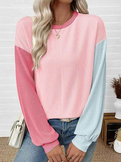 Color Block Ribbed Long Sleeve T-Shirt Pink Light blue Trendsi 80b2fe9f-a50e-4be0-ae02-7ef71e8558d4-Max-Origin