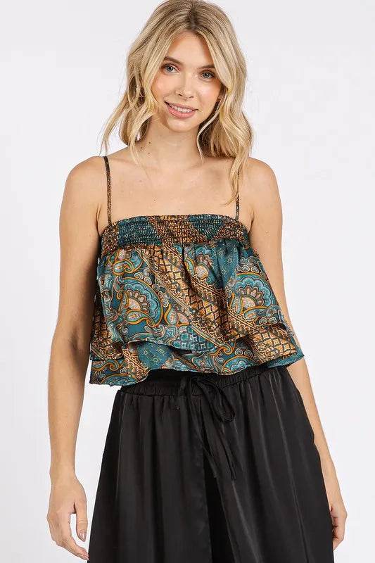 Mittoshop Paisley Patchwork Print Satin Ruffle Crop Cami TEAL GREEN Trendsi 80c1fa17-148b-48f5-af42-9d80bf15e568-Max