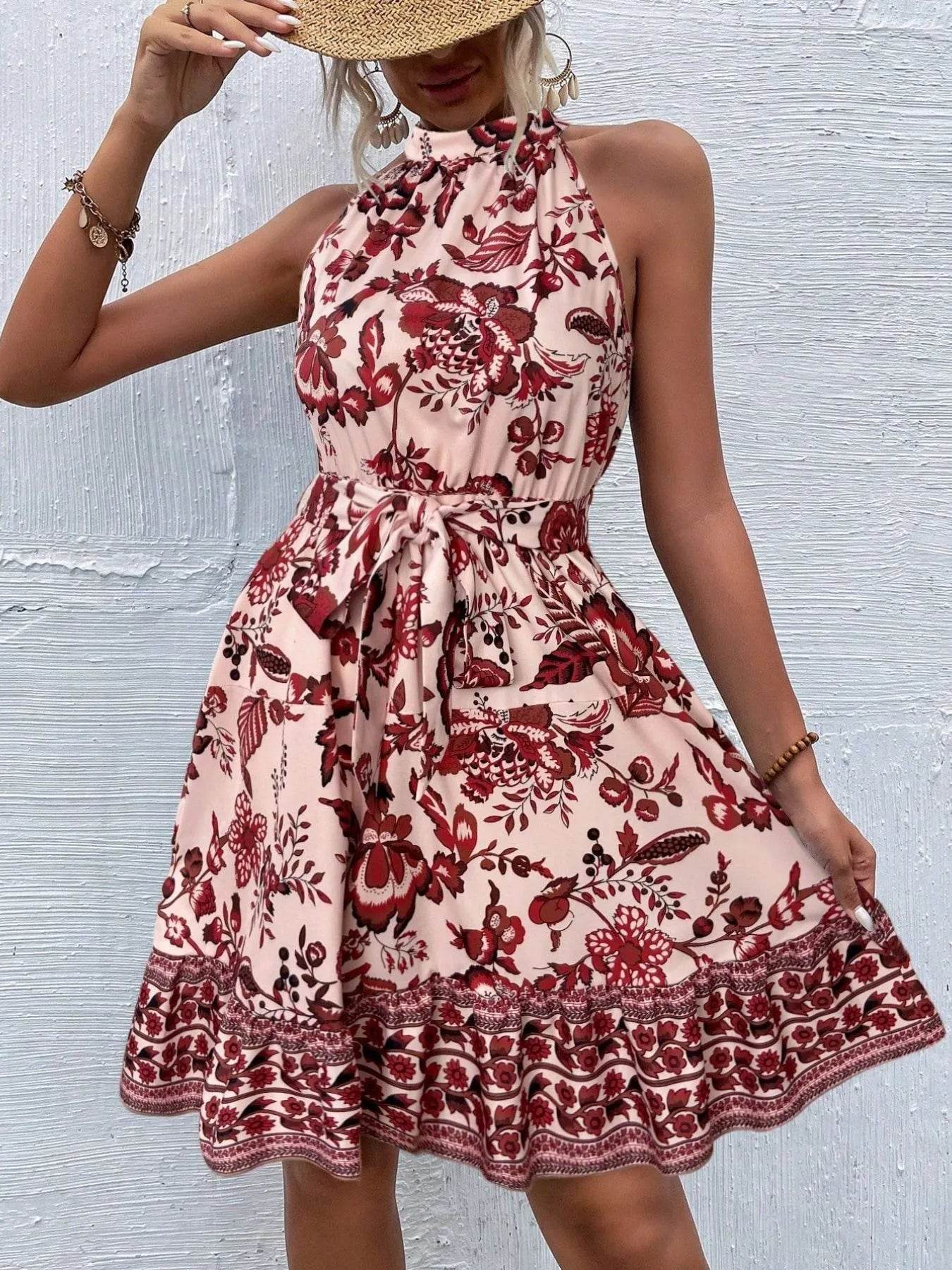Floral Halter Neck Summer Dress with Belt Red Flower Trendsi 80cc7029-6b6f-41f1-9393-3efb83da6739-Max-Origin