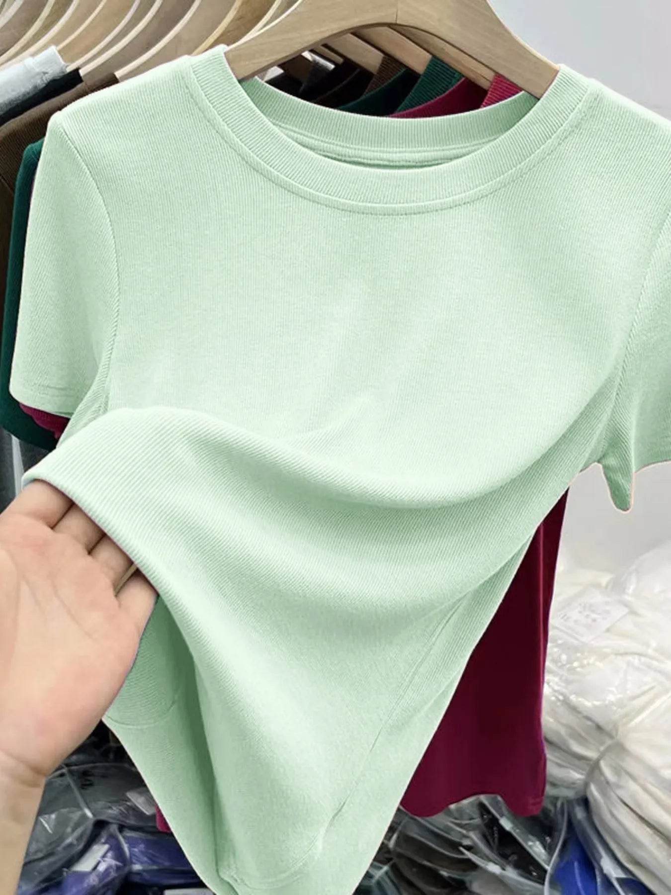 Crew Neck Short Sleeve T-Shirt Light Green Trendsi 80e92bad992346079421a010cf963953-Max-Origin